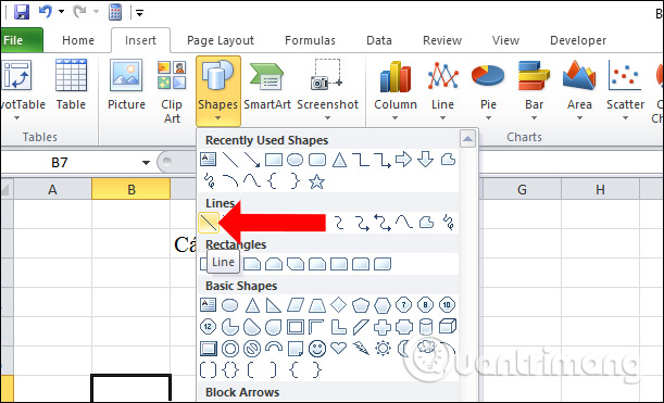 Cách vẽ đường thẳng, vẽ mũi tên trong Excel - Vẽ hình trên Excel