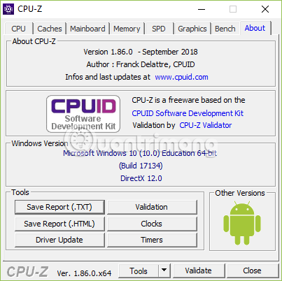 Tab About của CPU-Z