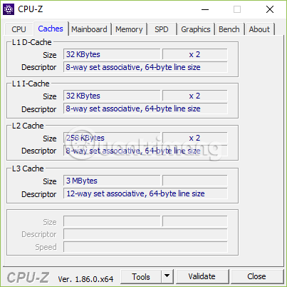 Tab Caches của CPU-Z