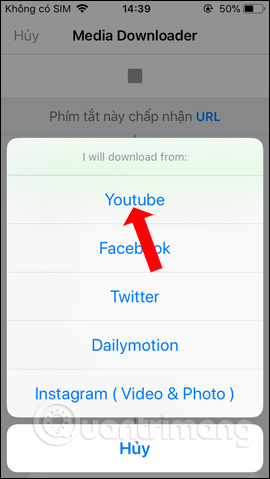Chọn ứng dụng YouTube