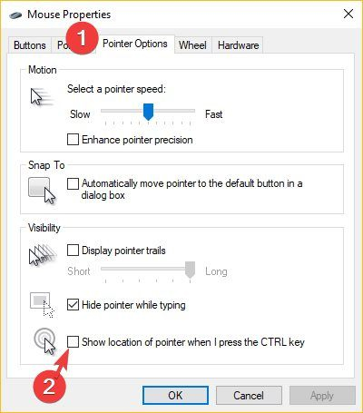 Tích vào Show location of pointer when I press the CTRL key