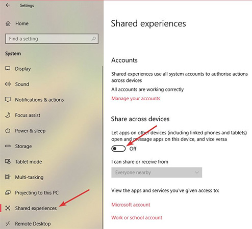 Cách tắt tính năng Shared Experience trong Windows 10