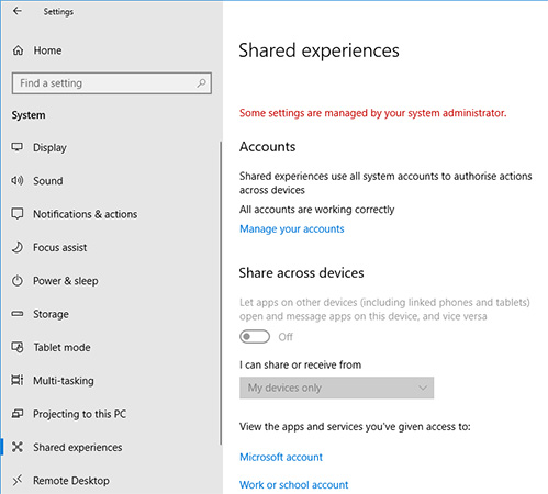 Cách tắt tính năng Shared Experience trong Windows 10