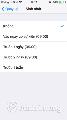 Tùy chọn thời gian nhắc nhở