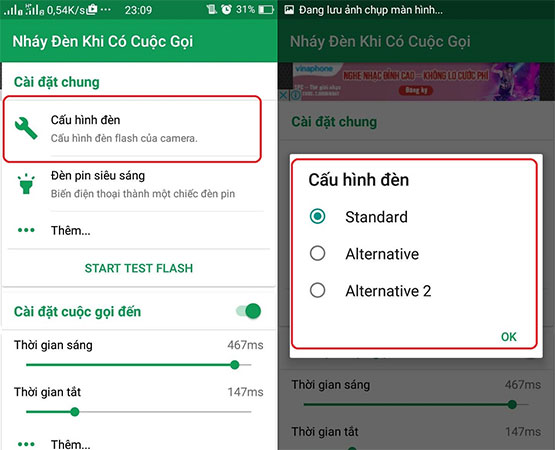 Nháy đèn khi có cuộc gọi