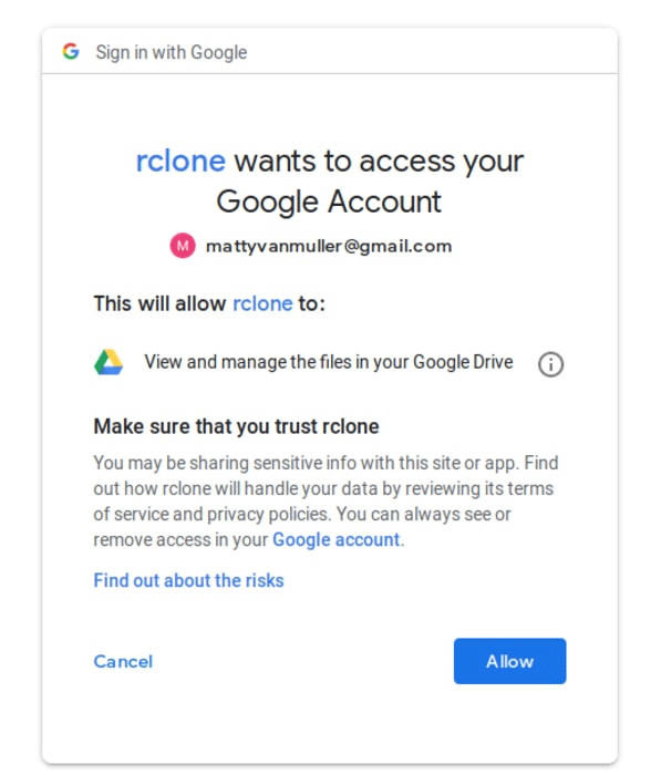 Cấp quyền cho Rclone sử dụng dịch vụ