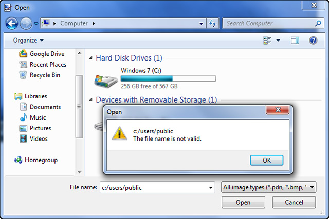 Báo lỗi có nội dung là tên tệp không hợp lệ