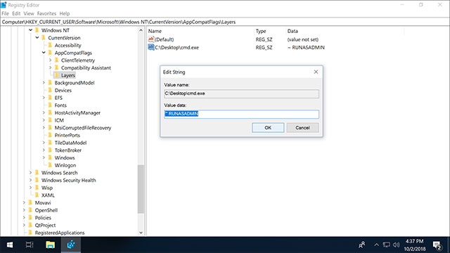 Luôn chạy bằng quyền quản trị qua Registry Editor