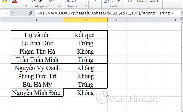Cách lọc dữ liệu trùng nhau trên 2 sheet Excel