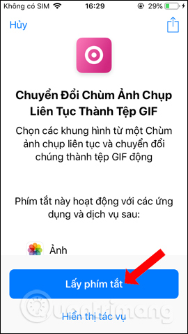 Lấy phím tắt