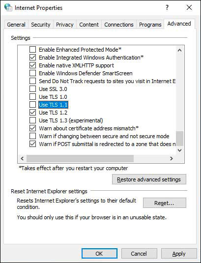 Bỏ chọn sử dụng giao thức TLS 1.0 và 1.1
