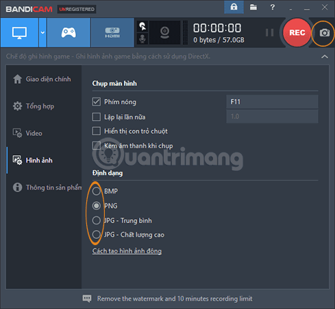 Thiết lập ảnh chụp màn hình trên Bandicam