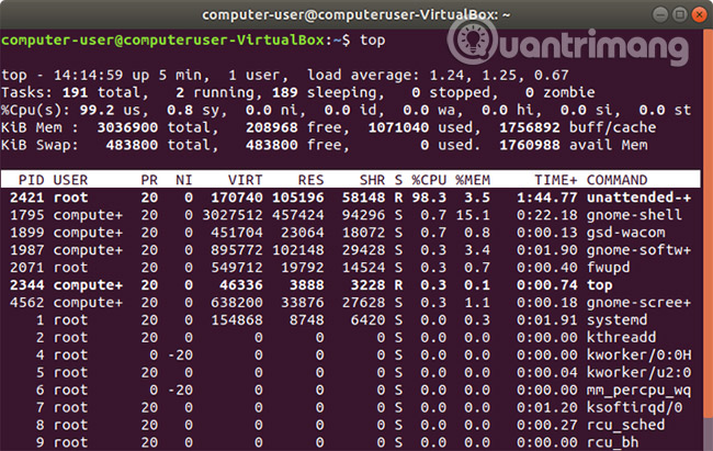 Kết quả lệnh top
