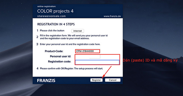 Nhập mã người dùng (user ID) và mã đăng ký sản phẩm (registration code)