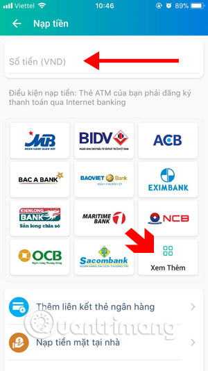 chọn số tiền muốn nạp vào ViettelPay