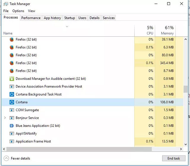 Khởi động lại tiến trình Cortana