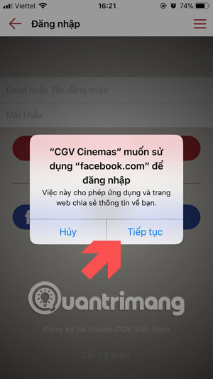 Dùng Facebook để đăng ký CGV Cinemas