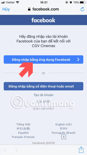 Đăng nhập  CGV Cinemas bằng ứng dụng Facebook