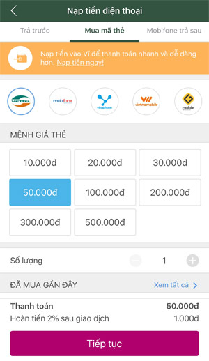 Chọn mệnh giá thẻ điện thoại Ví MOMO