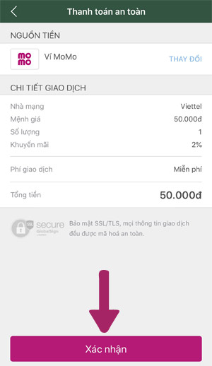 Xác nhận nạp thẻ điện thoại vào Ví MOMO
