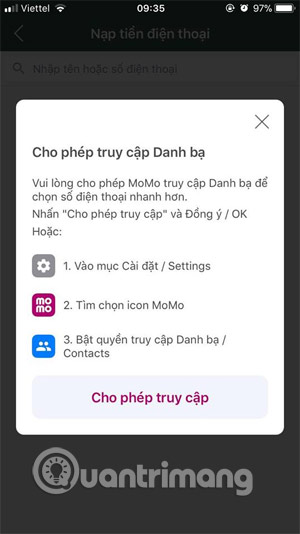 Cài đặt cho phép truy cập danh bạ Ví MOMO