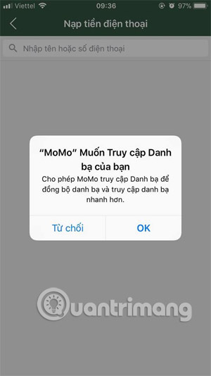 Cho phép truy cập danh bạ Ví MOMO