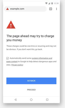 Thông báo nguy hiểm sẽ hiển thị nếu trang web cố tình lập hóa đơn mà không có sự đồng ý từ người dùng.