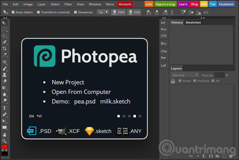 Photopea: Photopea là một ứng dụng chỉnh sửa ảnh trực tuyến miễn phí tuyệt vời cho bất kỳ ai muốn tạo ra những bức ảnh hoàn hảo. Nó hỗ trợ định dạng PSD và có khả năng xử lý ảnh cực nhanh. Với tính năng tương thích nhiều định dạng file, bạn có thể chuyển đổi các file ảnh và chỉnh sửa chúng ngay trên trang web của Photopea.