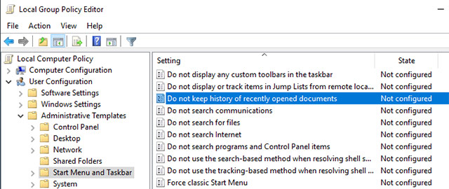 Nhấp đúp vào tùy chọn Do not keep a history of recently opened documents