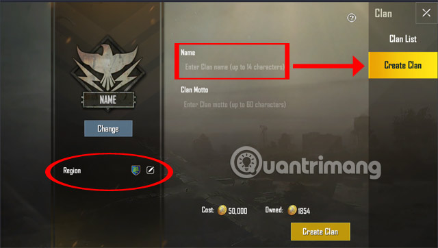 Thay đổi tên Clan, chọn quốc gia Clan PUBG Mobile