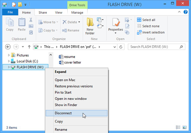 Nhấp chuột phải vào ổ đĩa flash và chọn Disconnect (hoặc Eject).
