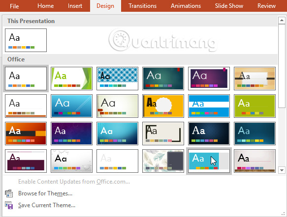 Áp dụng theme PowerPoint: Áp dụng theme PowerPoint giúp slide của bạn trông chuyên nghiệp và đồng bộ hơn. Những theme khác nhau sẽ phù hợp với các chủ đề khác nhau và giúp bạn thể hiện ý tưởng của mình một cách tốt nhất. Click vào hình ảnh liên quan để xem cách áp dụng theme PowerPoint một cách dễ dàng.