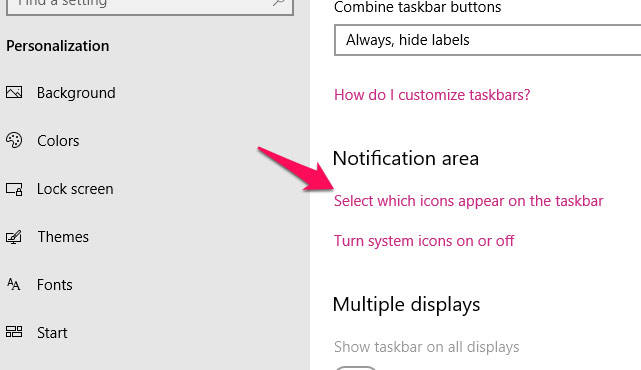 Trong cửa sổ của tùy chọn Taskbar settings, bạn cuộn xuống mục notifications area