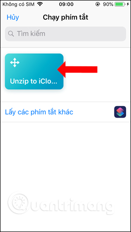 Chọn phím tắt Unzip to iCloud