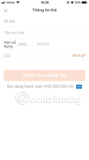 Ghi thông tin thẻ thanh toán