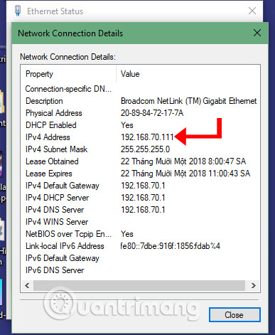 Cửa sổ Network Connection Details