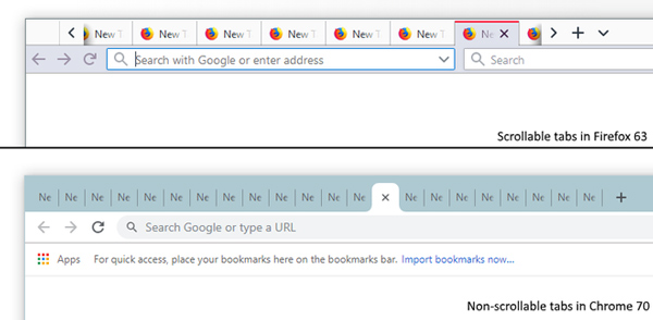 Sự khác biệt giữa Firefox có thanh cuộn tab và Chrome thì không