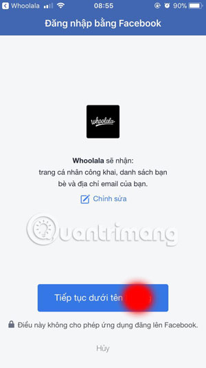 Đăng nhập Whoolala bằng Facebook