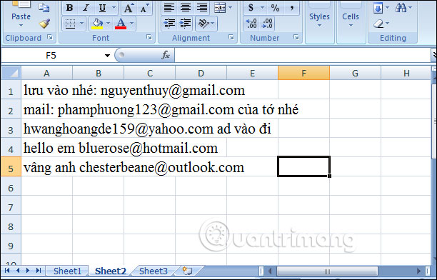 Cách tách email khỏi thông tin trên Excel