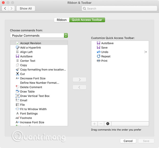 Quick Access Toolbar on Mac