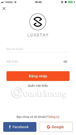 Bảng đăng ký và đăng nhập tài khoảnLuxstay