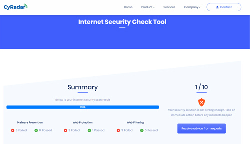 Không vượt qua được các bài kiểm tra về chống mã độc, một máy tính được CyRadar chấm điểm 1/10