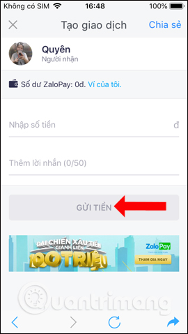 Gửi tiền trên Zalo