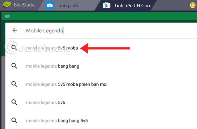 Tìm từ khóa Mobile Legends PC trên Play Store