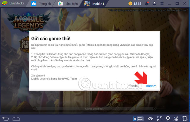 Đồng ý quyền truy cập của Mobile Legends PC