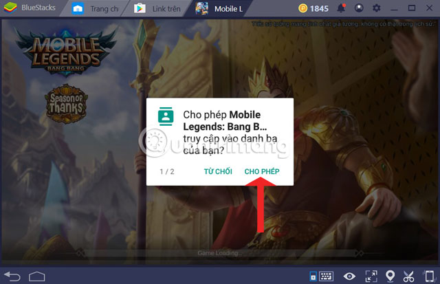 Cho phép truy cập danh bạ và bộ nhớ Mobile Legends PC