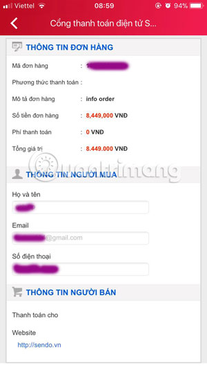 Ghi thông tin người dùng Sendo