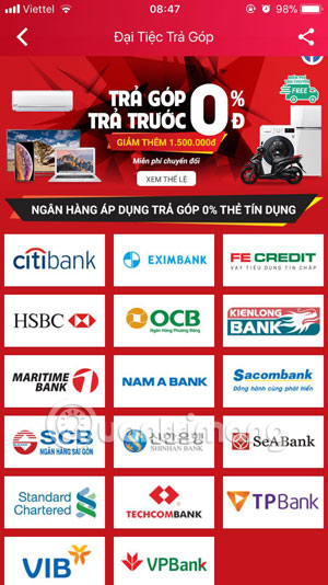 Danh sách ngân hàng được hỗ trợ trả góp 0% Sendo