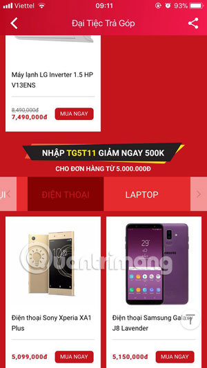 Danh sách sản phẩm được trả góp 0% Sendo