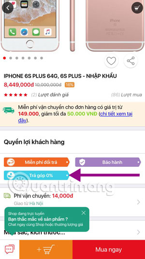 Tùy chọn trả góp 0% Sendo